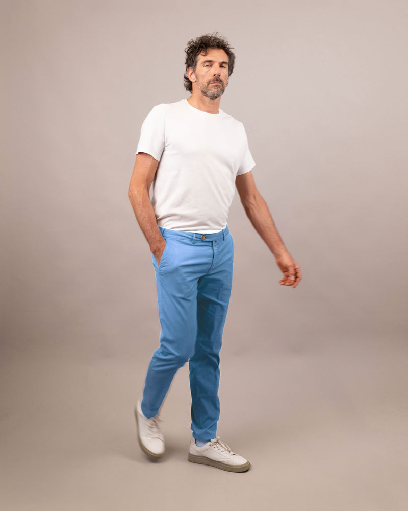 Pantalone chino in popeline di cotone leggero blu avio slim fit